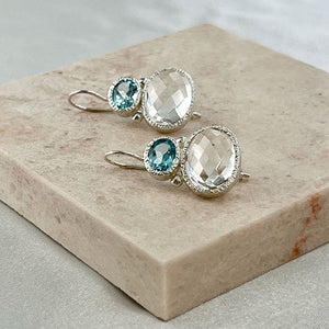 Darae - double gem earrings silver blue topaz clear quartz