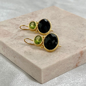 Darae - double gem earrings gold peridot and black onyx