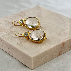 Daya - Double Gem Earrings Gold Blue Topaz and Clear Quartz