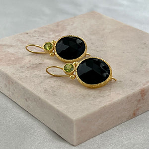 Daya - Double Gem Earrings Gold Peridot and Black Onyx