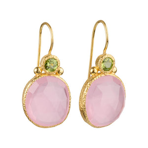 Daya - Double Gem Ohrringe Gold Peridot und rosa Chalcedon
