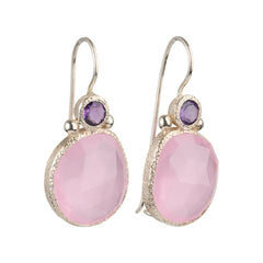 Daya - double gem earrings silver amethyst and pink chalcedony