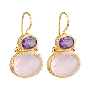 Darae - Double Gem Ohrringe Gold Amethyst und rosa Chalcedon