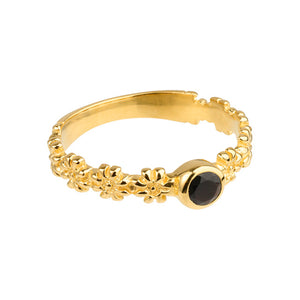 Iris - floral band ring gold with black onyx gemstone