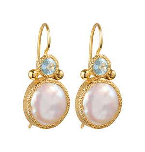 Devi - Perlenohrringe Gold mit blauen Topas-Edelsteinen
