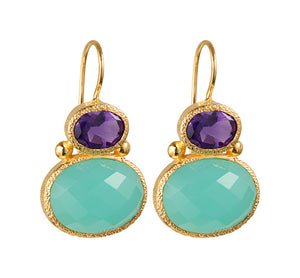 Darae - Double Gem Ohrringe Gold Amethyst und Aquachalcedon