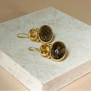 Darae - Double Gem Ohrringe Gold Citrin und Rauchquarz
