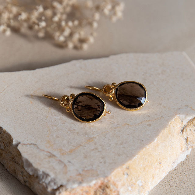 Daya - double gem earrings gold citrine and smoky quartz