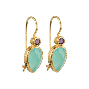 Zaya - double drop earrings gold aqua chalcedony and amethyst