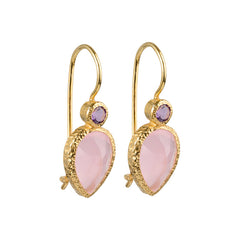 Zaya - double drop earrings gold pink chalcedony and amethyst