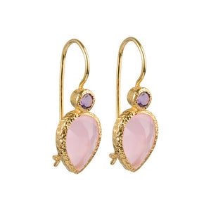 Zaya - double drop earrings gold pink chalcedony and amethyst