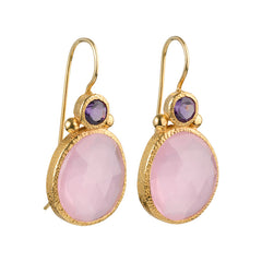 Daya - Double Gem Earrings Gold Amethyst and Pink Chalcedony
