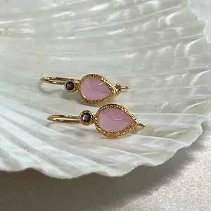Zaya - double drop earrings gold pink chalcedony and amethyst