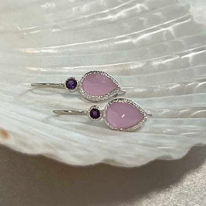 Zaya – Double Drop Ohrringe Silber Amethyst und rosa Chalcedon