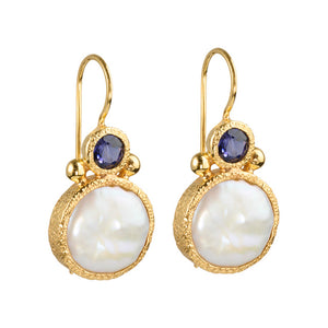 Devi - Perlenohrringe Gold mit Iolith-Edelstein
