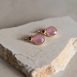 Daya - Double Gem Earrings Gold Amethyst and Pink Chalcedony