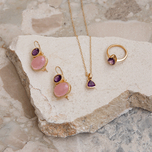 Darae - Double Gem Ohrringe Gold Amethyst und rosa Chalcedon